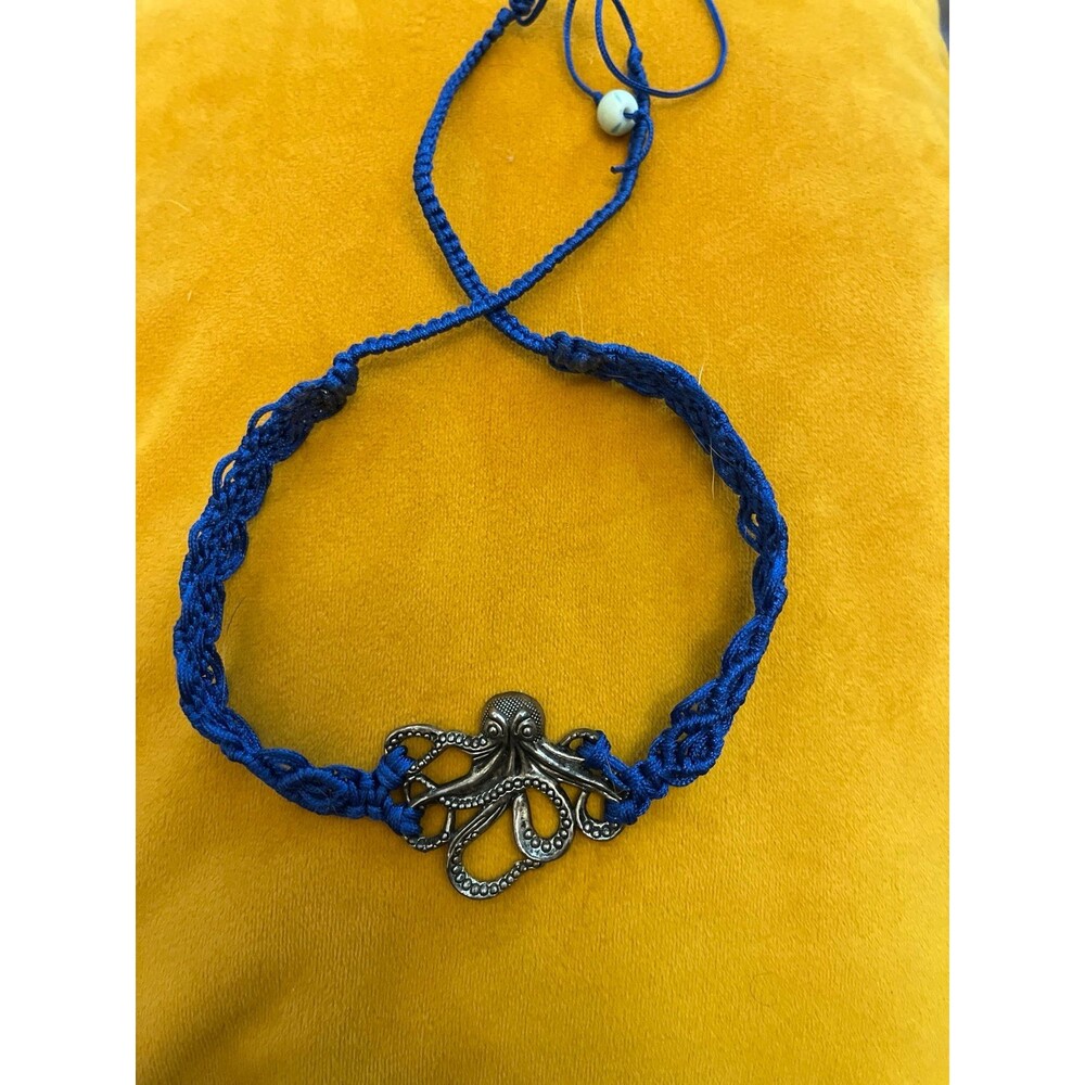 Silver Octopus Necklace in Cobalt Blue macrame adjustable Choker